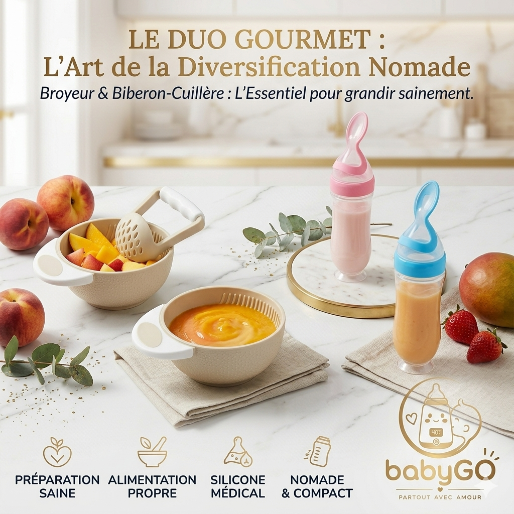 DUO PREMIERS REPAS : Bol Broyeur & Biberon-Cuillère Nomade